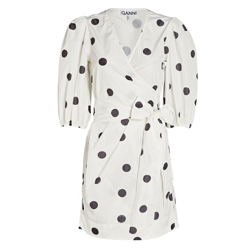 GANNI Black and white mini polka dot wrap dress